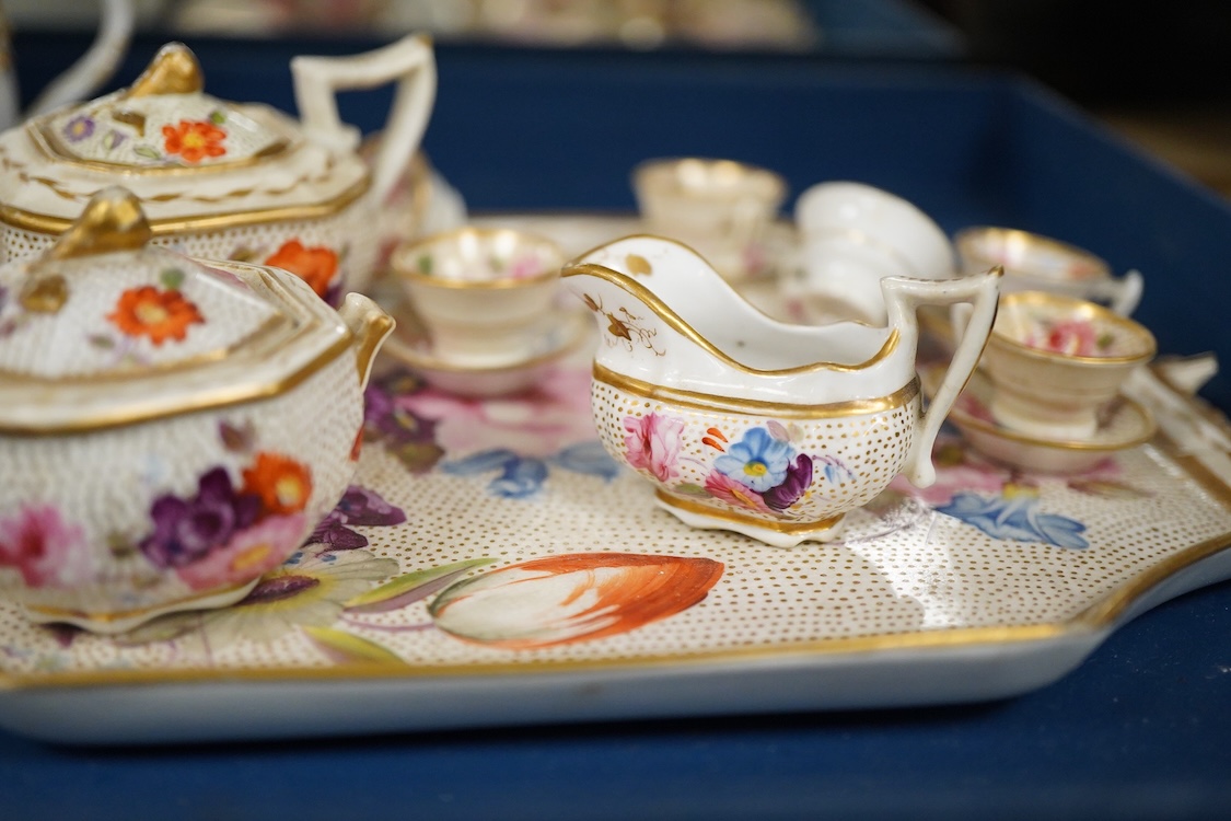 A pair of Meissen Marcolini period floral custard cups & covers together with an early 19th century English porcelain miniature tea set on tray, largest 20cm wide
